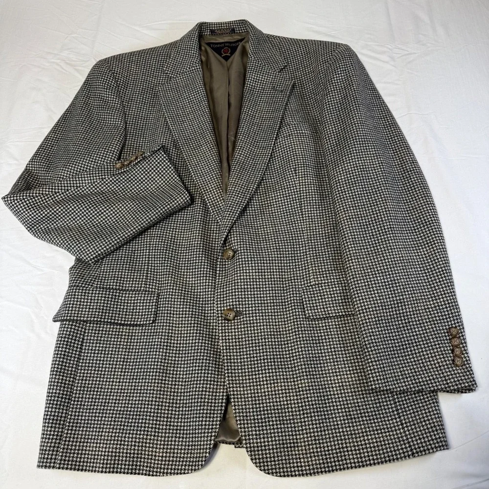 Vintage Tommy Hilfiger Houndstooth Blazer Sport Coat Jacket Mens 42L Made in USA